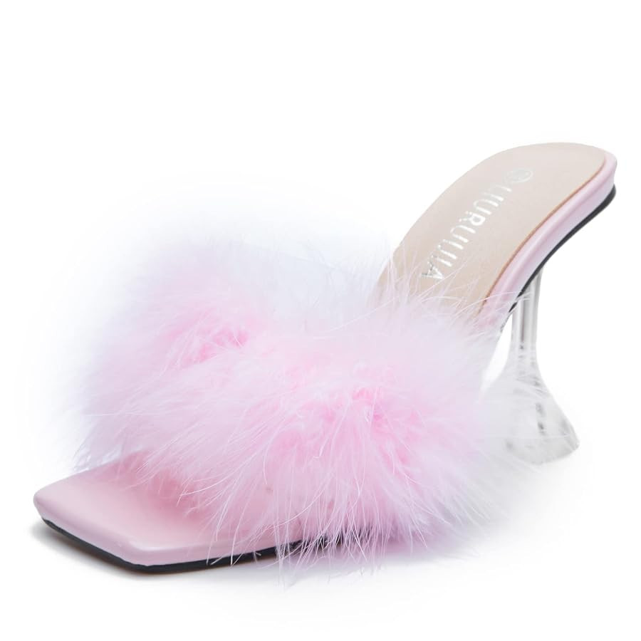 LIURUIJIA Women's Square Toe Feathers High Heels Fur Mules Sandals Fuzzy Fluffy Wedding Bridal Pa... | Amazon (US)