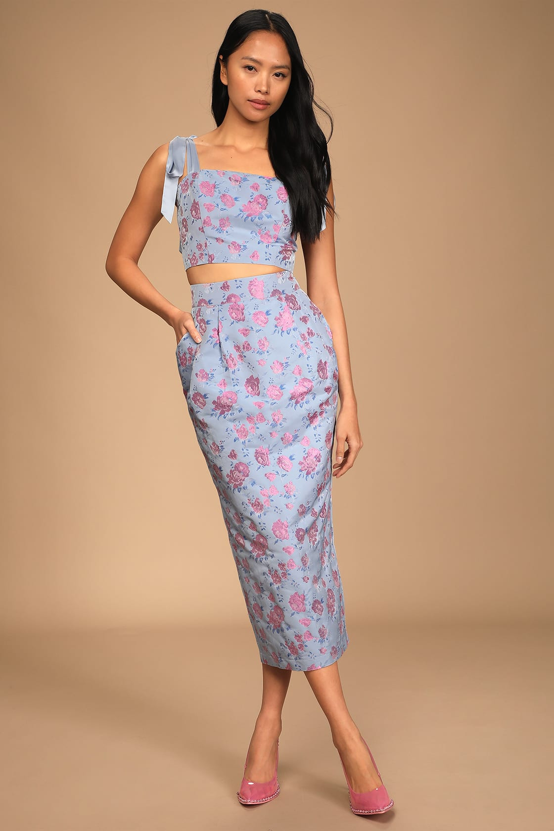 Ellarina Light Blue Metallic Tie-Strap Two-Piece Midi Dress | Lulus (US)