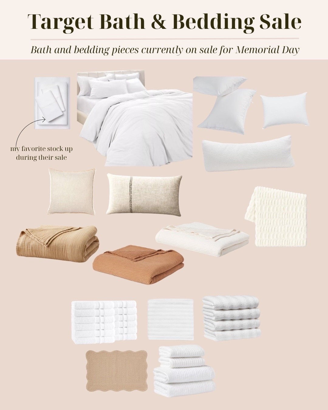 Target bath and bedding finds currently included in the Memorial Day sale — white linens, towels, bath basics, and neutral bedding pieces I regularly use across projects and guest spaces. Linked below.


#MemorialDaySale

#LTKHome #LTKSaleAlert