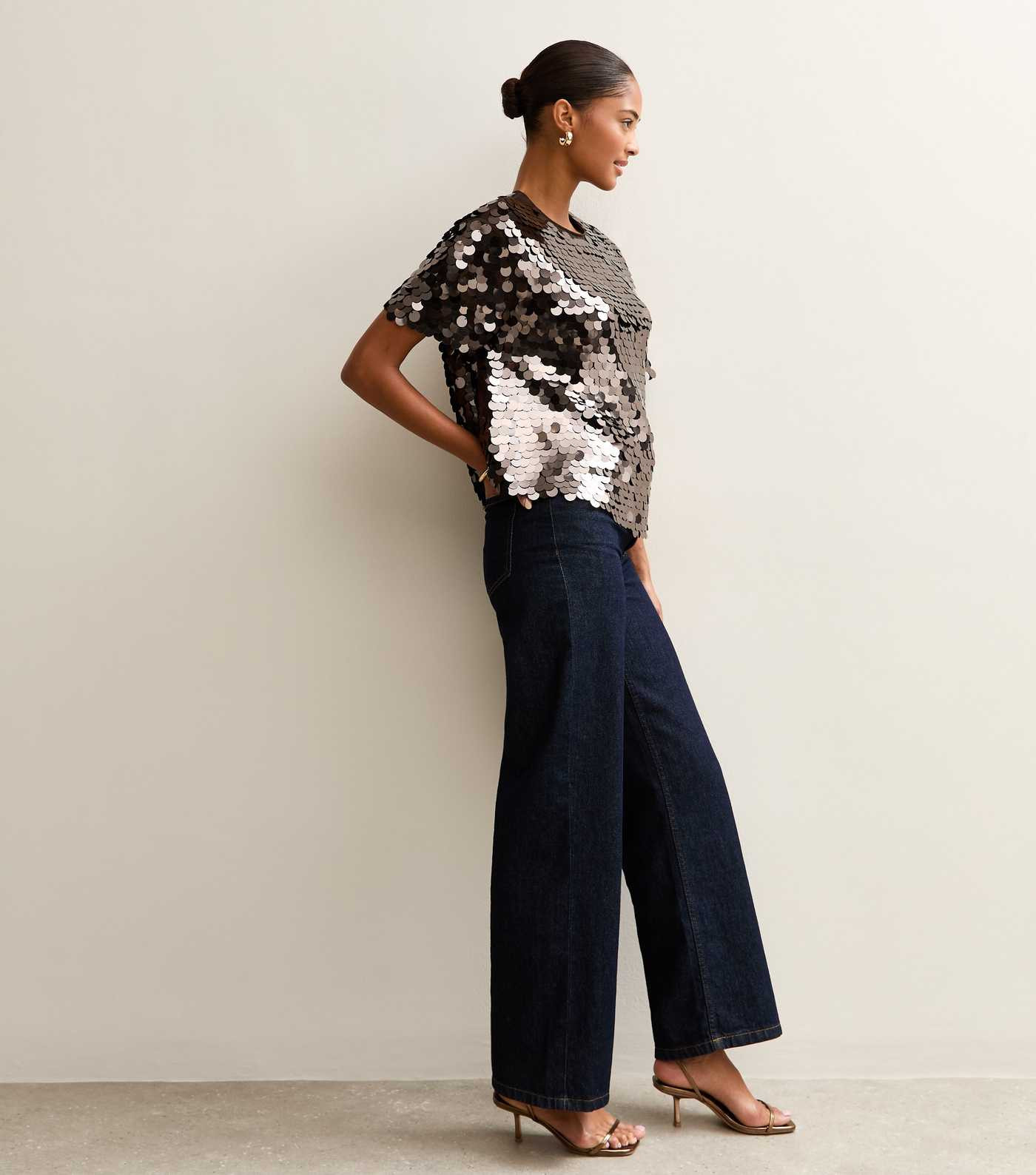 Dark Brown Sequinned Short Sleeve Top | New Look | New Look (UK)