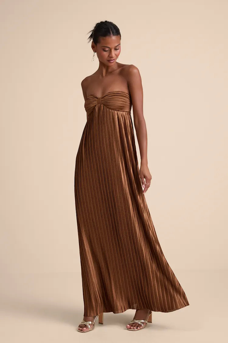 Whimsical Beauty Brown Satin Plisse Strapless Maxi Dress | Lulus