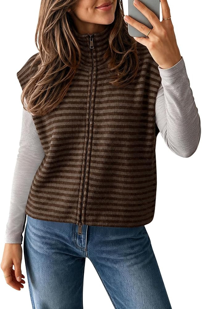 Saodimallsu Women Striped Cardigan Sweater Vest Fall Zip Up Knit Summer Top | Amazon (US)