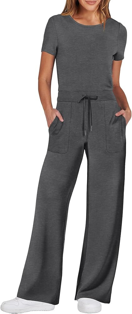 ANRABESS Jumpsuits for Women Casual Summer 2024 Short Sleeve Loose Wide leg Pants Dressy Romper J... | Amazon (US)