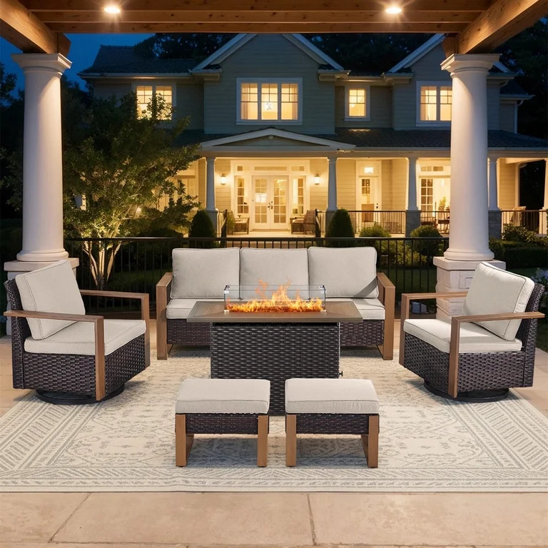 Bellefurn Luxury 6 Pieces Patio Furniture Set with 41\u201d Propane Fire Pit Table,Rattan Outdoor... | Walmart (US)