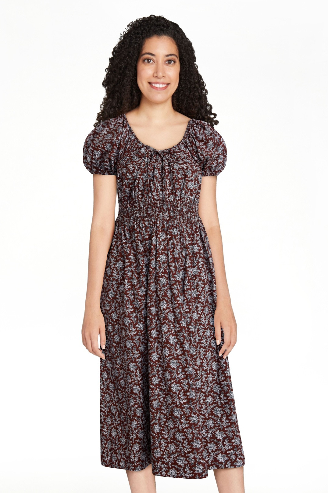 Scenario Women's and Women's Plus Smocked Waist Peasant Midi Dress with Puff Sleeves, Sizes XS-4X | Walmart (US)