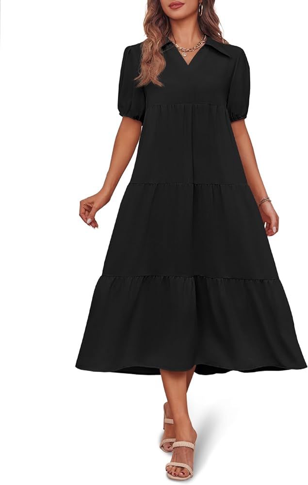 Fisoew Womens Summer V Neck Midi Dress Short Sleeve Collared Loose Fit Tiered Casual Long Dress | Amazon (US)
