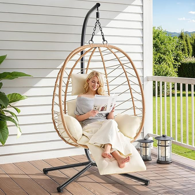ONBRILL Hanging Egg Chair with Adjustable Footrest & Stand, Wicker Rattan Swing Hammock Chair wit... | Amazon (US)