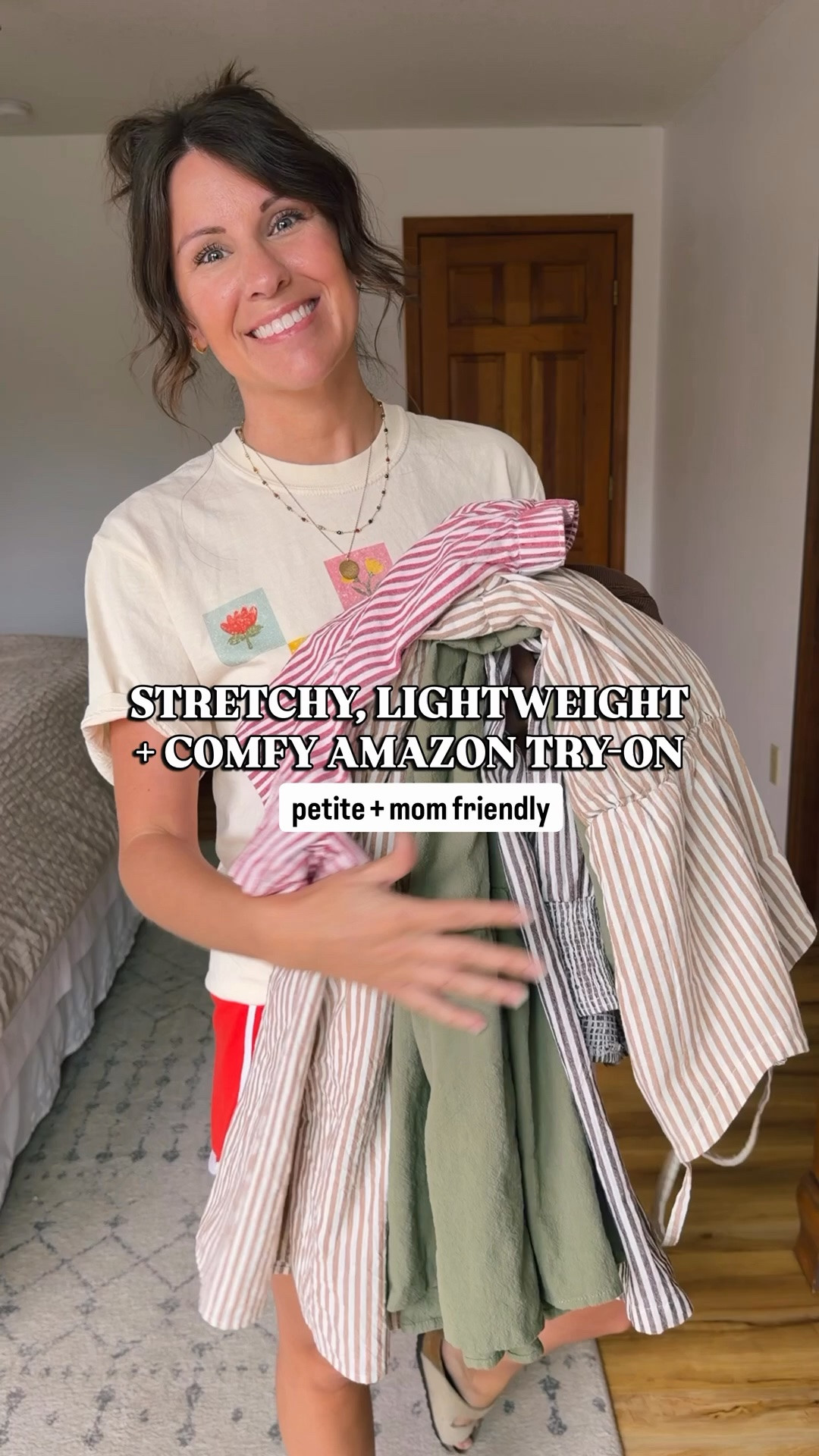 Amazon try on! All stretchy, comfy and lightweight! 

Striped dress—xs
Striped boxers-small
Brown tank-xs
Green skirt-small 
Brown striped pants-xs 

36/6 in both pairs of sandals!

#LTKootd #LTKPetite #LTKSeasonal