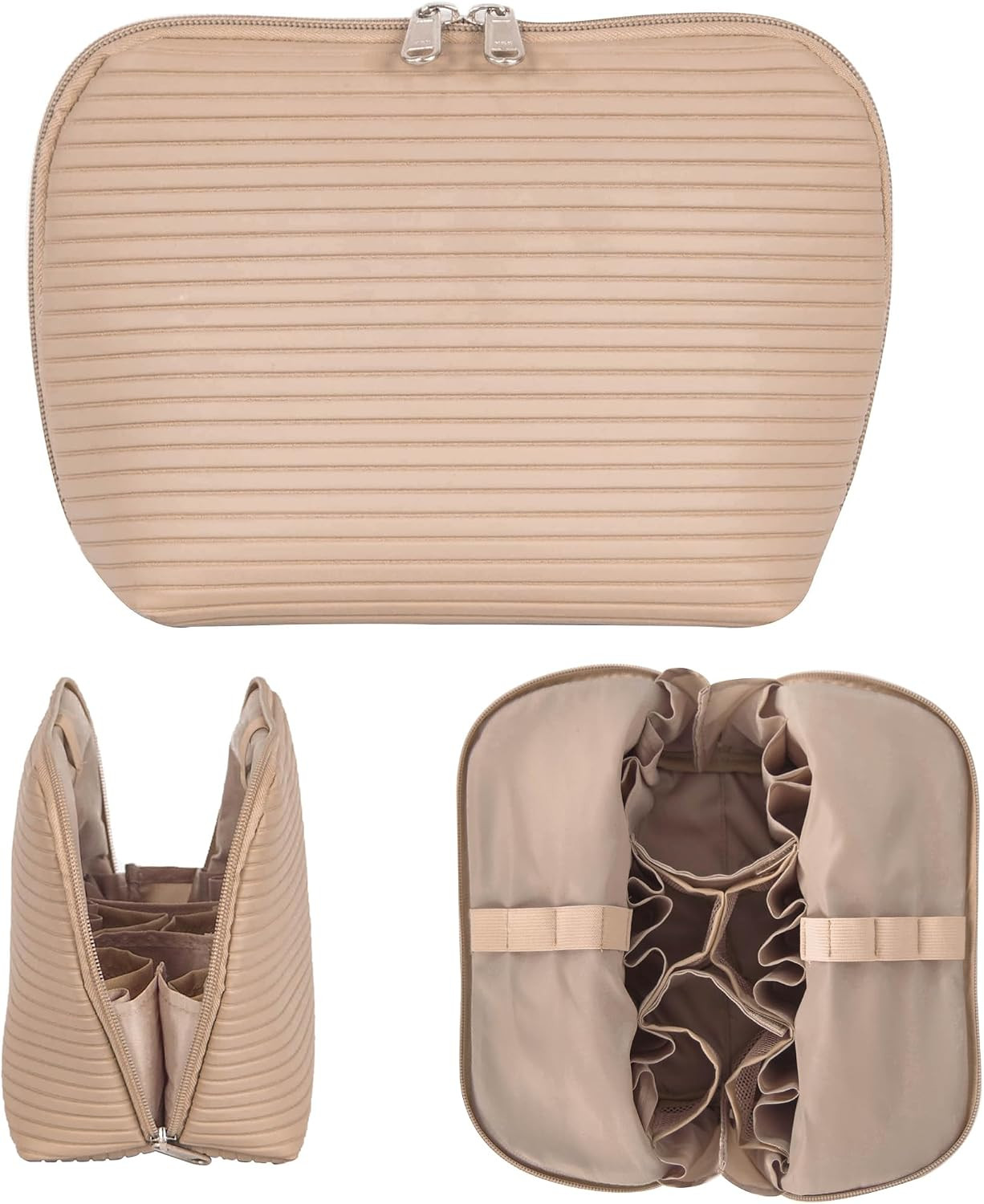 Travel Makeup Bag for Women, Waterproof Stand Up Cosmetic Bag with Brush Holders, Organizer Bag with Compartments, Fold-Down Design for Skincare, Toiletries & Essentials (Camel, Medium) | Amazon (US)