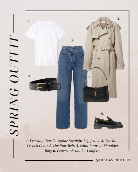 Spring outfit 🌸 * Everlane white tee * Agolde Criss Cross high-rise straight-leg jeans * The Row June cotton-gabardine trench coat * The Row Caspian leather belt * Saint Laurent Le 5 a 7 shoulder bag * Proenza Schouler leather loafers 

#LTKitbag #LTKSeasonal #LTKstyletip