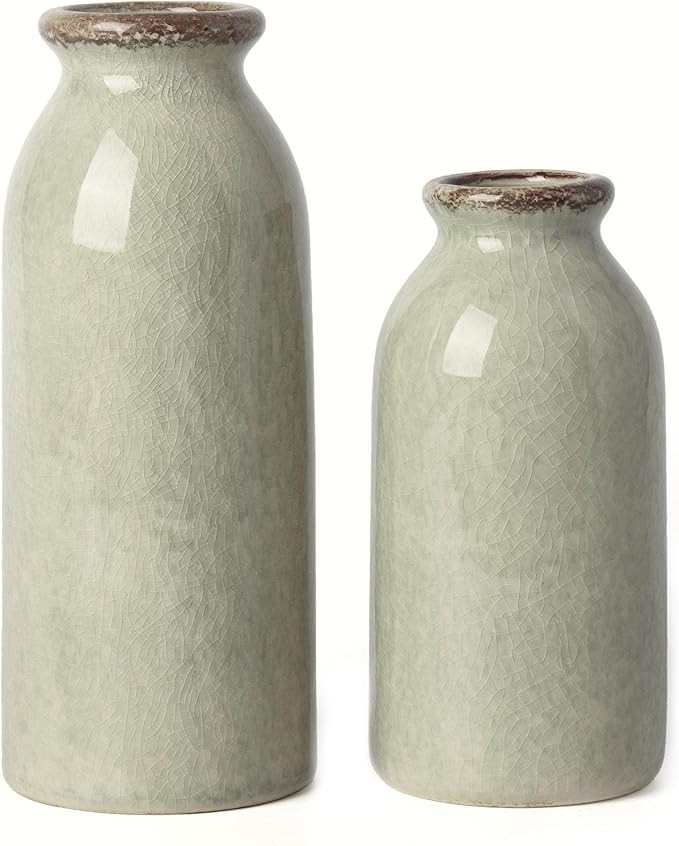 VICTOR & TERESA Small Vase Set for Home Decor, Rustic Green Ceramic Vases for Flowers, Farmhouse ... | Amazon (US)