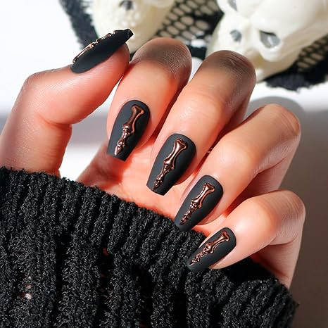 Glamnetic Press On Nails - Rosy Remains | Charcoal Gray 3D Skeleton Medium Coffin Fake Nails with... | Amazon (US)