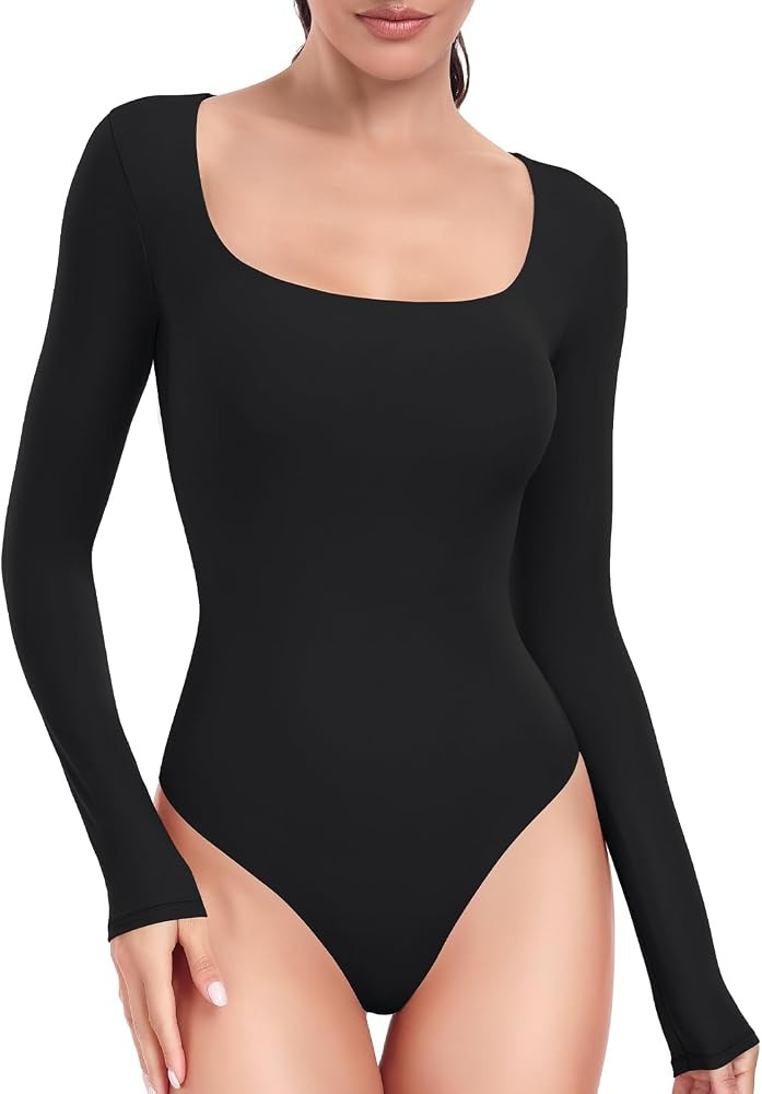 HeyNuts Women's Ultra Soft Long Sleeve Scoop Neck Bodysuit, Causal Tops Basic Tee | Amazon (US)
