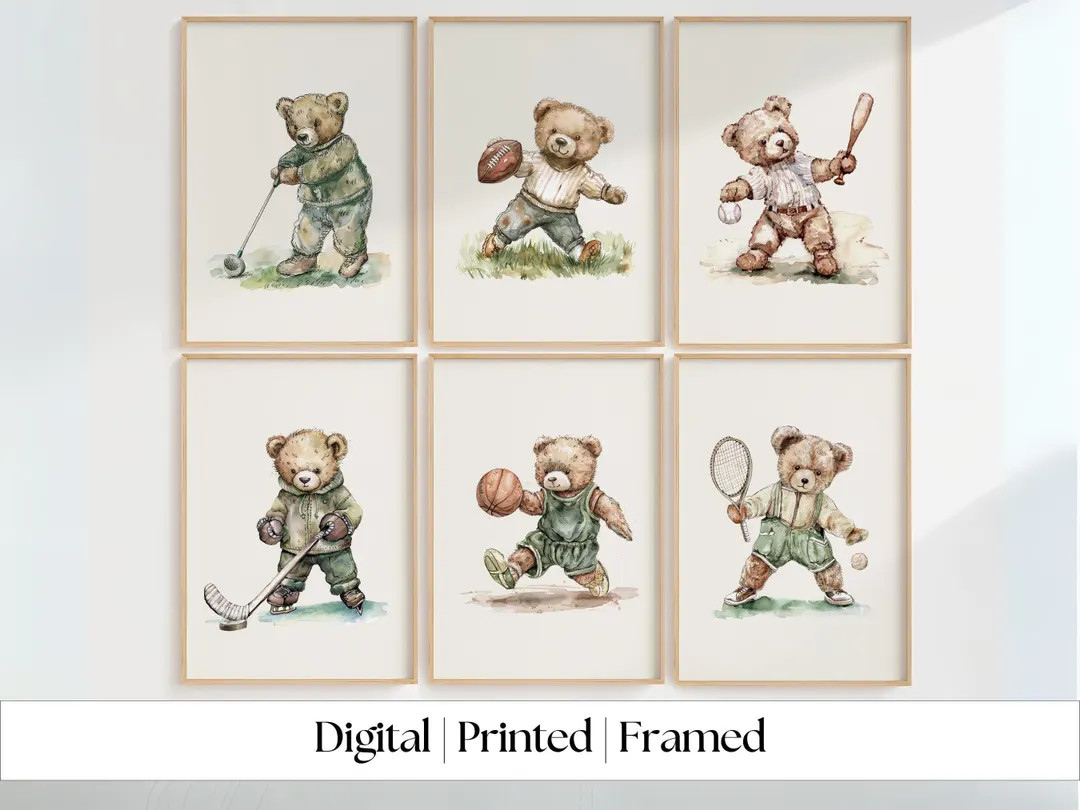 Set of 6 Vintage Teddy Bear Sports Wall Art, Babyshower Gift Boy, Watercolor Illustrations, Sport... | Etsy (US)
