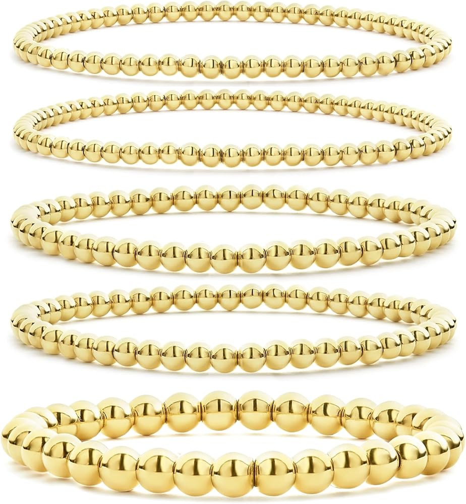 CONRAN KREMIX Gold Beaded Bracelet For Women Set 14K Gold Bead Stretch Bracelet Stack Trendy Gold... | Amazon (US)