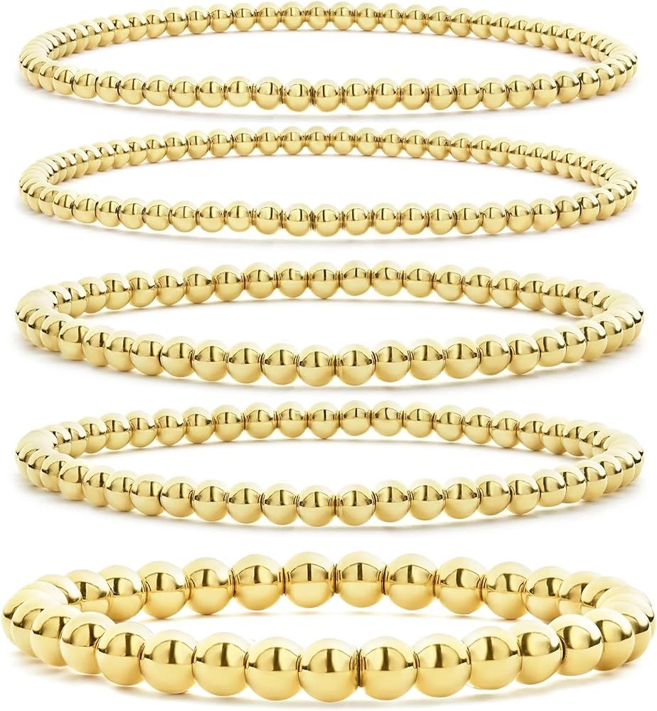 CONRAN KREMIX Gold Beaded Bracelet For Women Set 14K Gold Bead Stretch Bracelet Stack Trendy Gold... | Amazon (US)