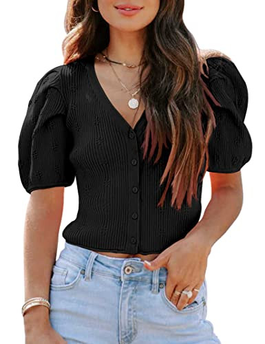 Womens Puff Short Sleeve Sweaters V Neck Button Down Trendy Knit Tops Sweater Cardigans | Amazon (US)