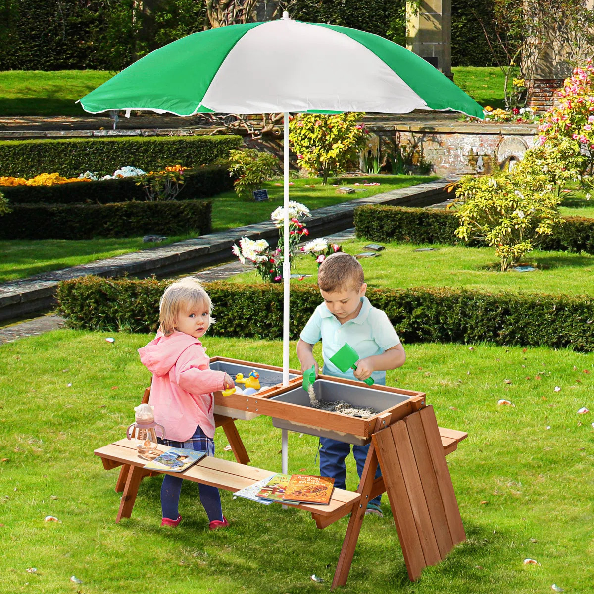 Elazer Kids 3 in 1 Sand and Water Table, Wooden Outdoor Convertible Picnic Table with Umbrella an... | Wayfair North America