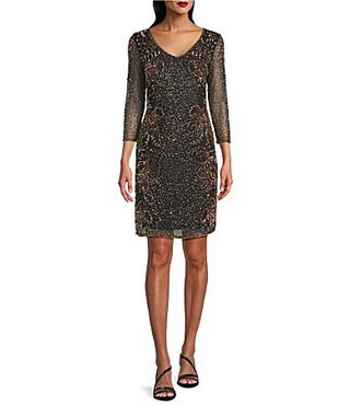 Pisarro Nights Petite Size Beaded Floral Motif Mesh 34 Sleeve Short Dress - 8P | Dillard's
