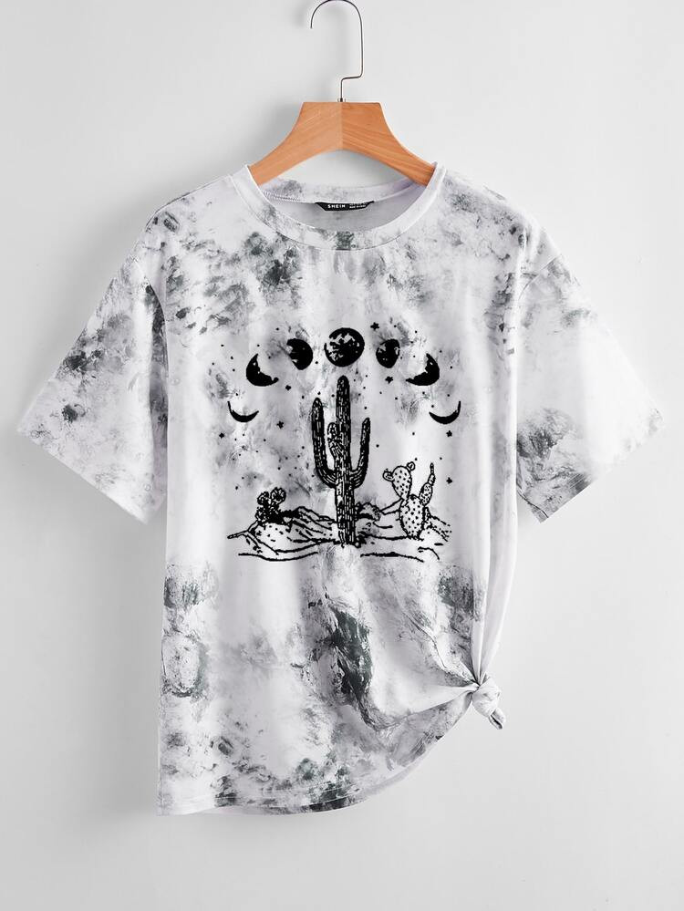 Plus Moon And Cactus Print Tie Dye Tee | SHEIN