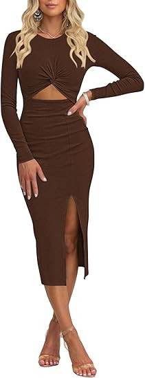 Pink Queen Women's Crew Neck Long Sleeve Midi Dress Cutout Twist Front Bodycon Slit Pencil Ribbed... | Amazon (US)