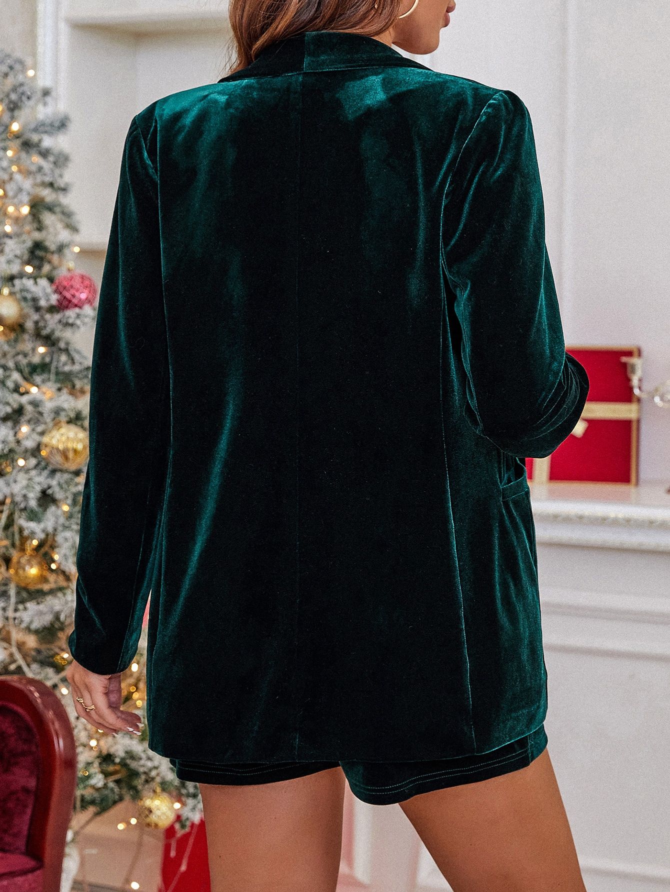 Shawl Collar Open Front Velvet Coat & Shorts | SHEIN