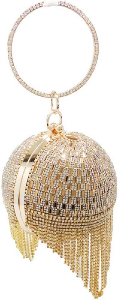 Boutique De FGG Dazzling Crystal Tassel Women Evening Bag Round Wedding Cocktail Wristlets Handbag P | Amazon (US)