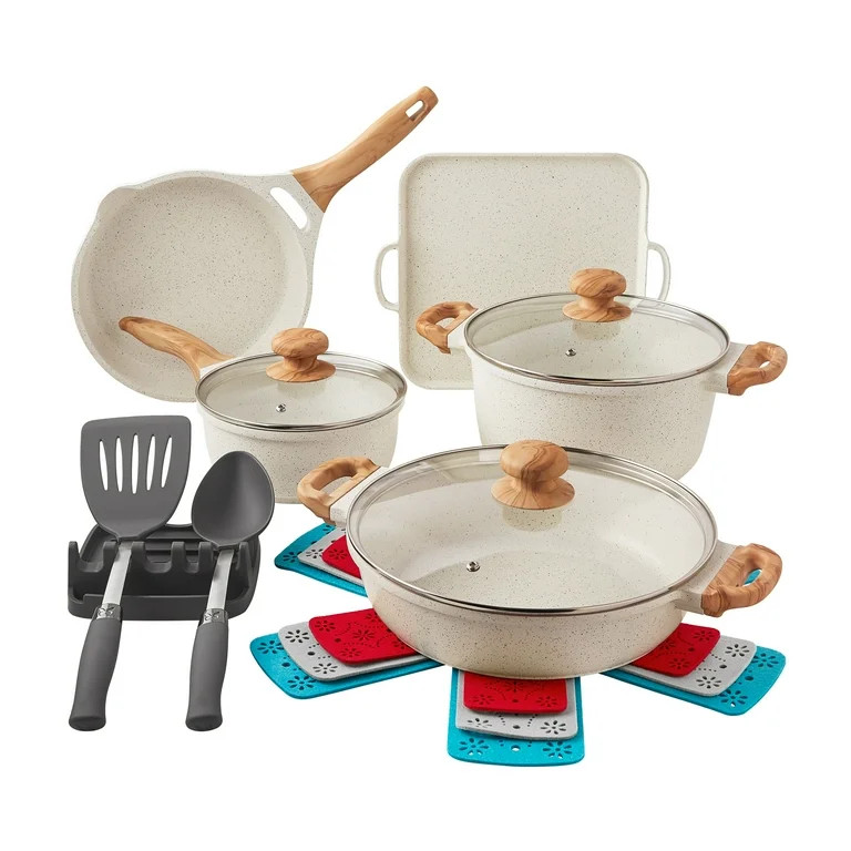 The Pioneer Woman Prairie Signature 14-Piece Cast Aluminum Cookware Set, Linen Speckle | Walmart (US)