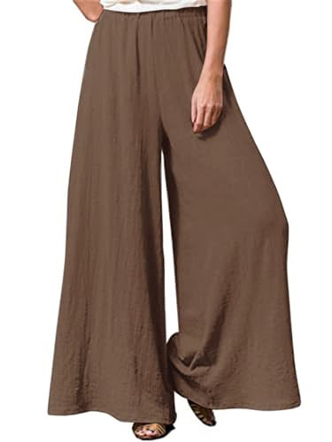 Hisanny Womens Plus Size Linen Pants Wide Leg Palazzo Trousers High Elastic Waist Flowy Culottes with Pockets Brown 3X-Large | Amazon (US)