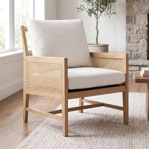 Mid-Century Modern Rattan Accent Chair, Upholstered Lounge Armchair with Woven Cane Sides & Washa... | Amazon (US)