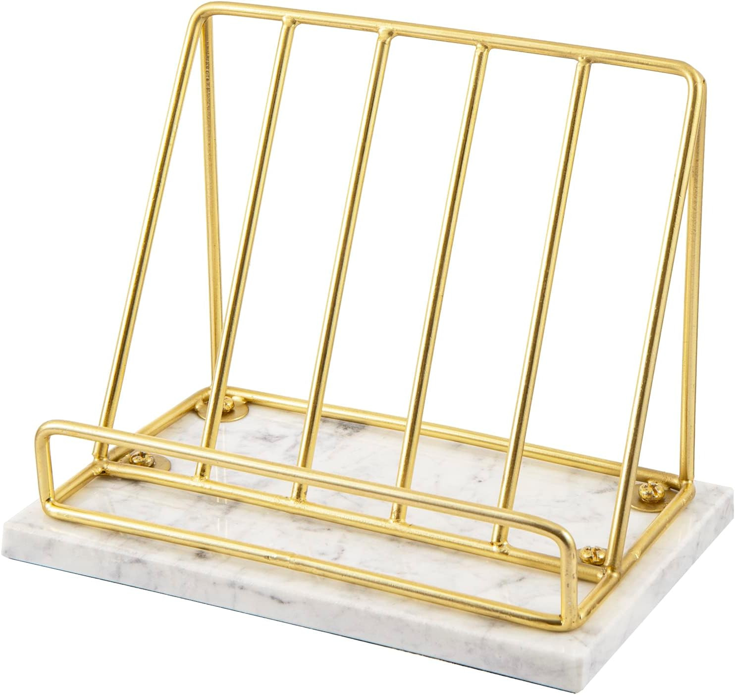 MyGift Modern Brass Metal Wire and White Marble Kitchen Cookbook Stand - Countertop Recipe Book and Tablet Holder - Handcrafted in India | Amazon (US)