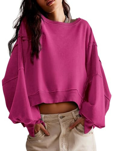 Zwurew Women's Hot Pink XL Solid Color Long Sleeve Sweatshirt | Amazon (US)
