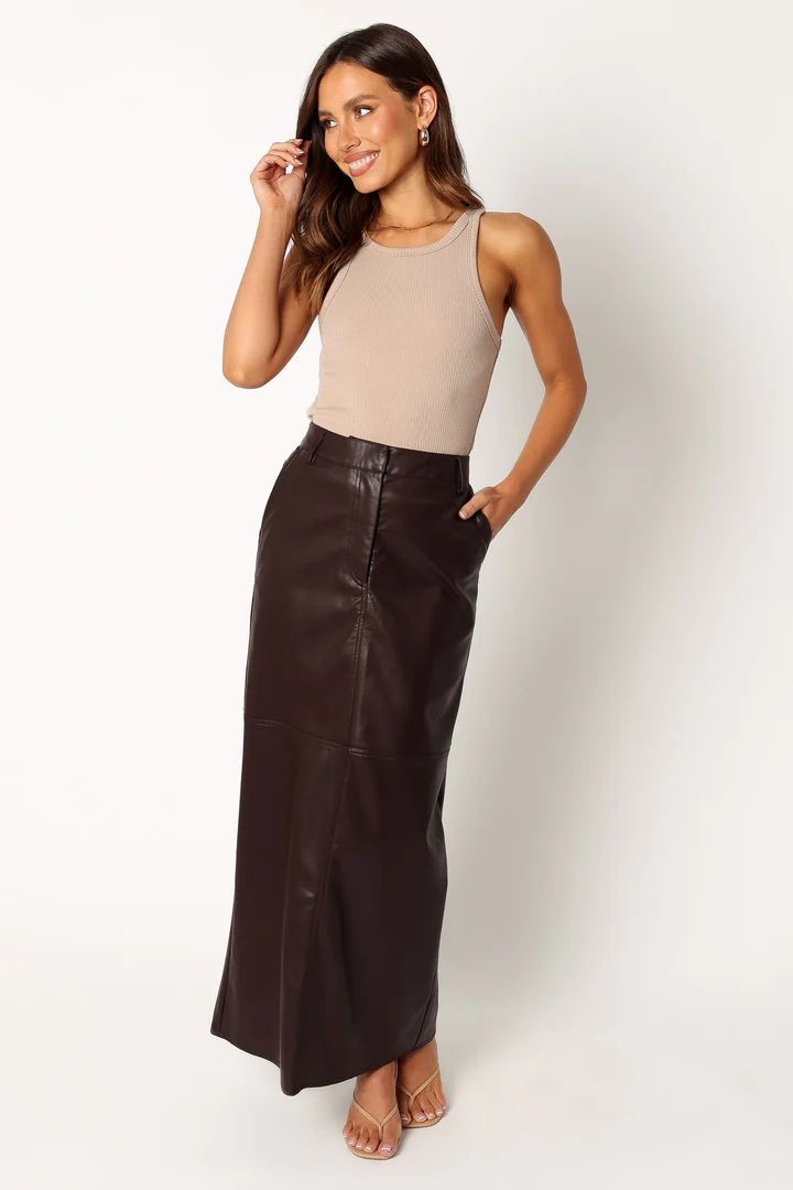 Jade Vegan Leather Column Skirt - Brown | Petal & Pup (US)