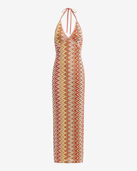 Printed Crochet Halter V-Neck Maxi Dress | Express