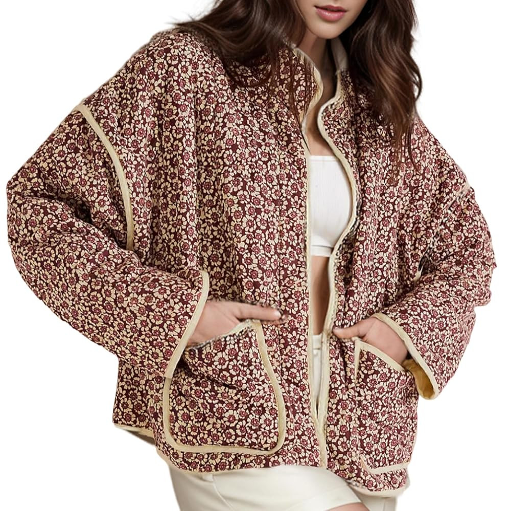 Yimoon Women's Cropped Puffer Quilted Jacket Vintage Floral Print Open Front Lightweight Short Ja... | Amazon (US)