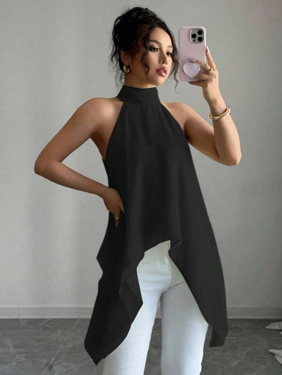 Rafferiza Women's Summer Sleeveless Halter Neck Light Green Casual Shirt | SHEIN