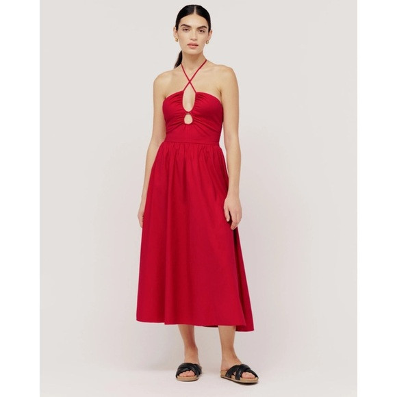 REFORMATION Red Stretch Cotton Keyhole Halter Stassie Midi Dress EUC Size 0 | Poshmark