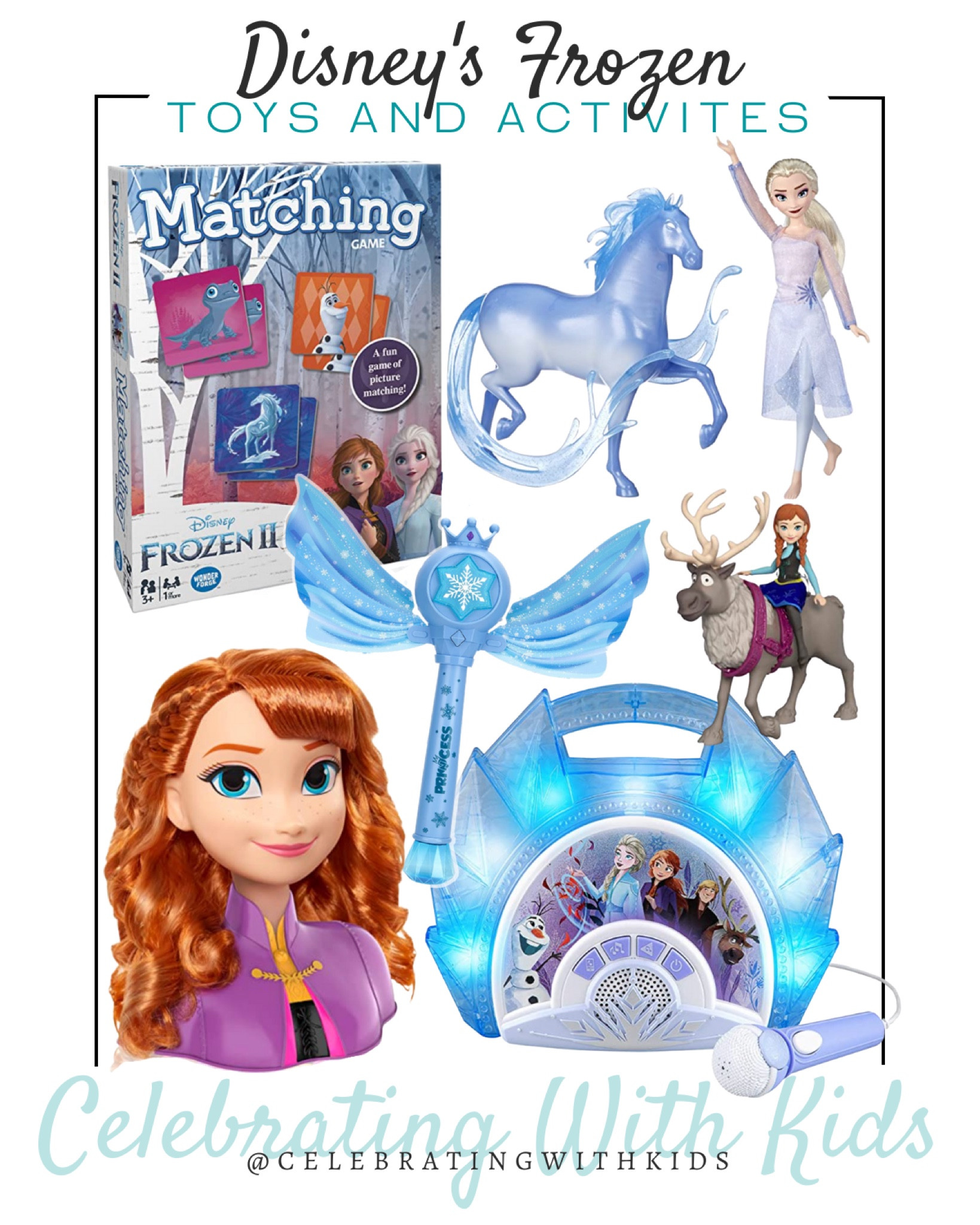 Disney’s Frozen toys and activities include frozen matching game, frozen karaoke machine, Anna styling head, Anna and Sven toy figures, Elsa and water horse dolls, and Frozen bubble machine.

Frozen toys, kids toys, Frozen activities, Disney toys, Disney princess, kids toys

#LTKFind #LTKunder50 #LTKkids