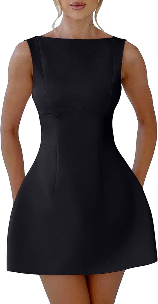 YMDUCH Women's Sexy Sleeveless Crew Neck Backless A-line Party Short Mini Dress | Amazon (US)