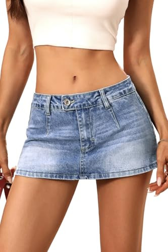 ELLEVEN Denim Mini Skirt for Women Stretch, Low Rise Y2k Jean Skirt with Shorts Underneath Casual Cute Micro Skort Blue Denim Small | Amazon (US)