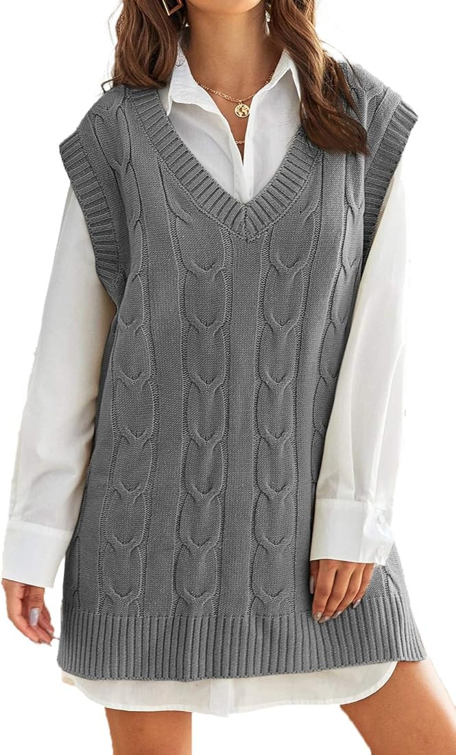 Aiopr Womens Oversized Sweater Vest V Neck Sleeveless Cable Knit Pullover Jumpers Tops | Amazon (US)