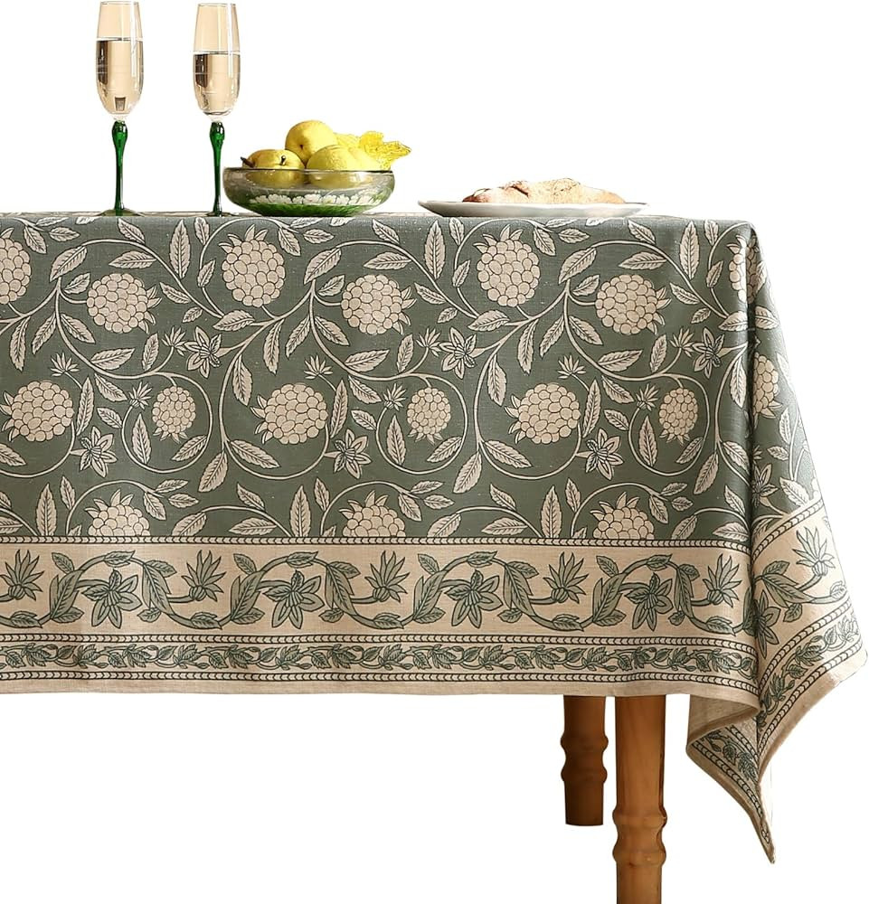 Grayish Green Tablecloth for Rectangular Tables,Linen Table Cloth with Light White Flowers Patter... | Amazon (US)