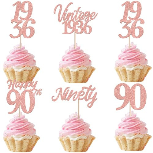 30PCS Happy 90th Birthday Cupcake Toppers Cheers to 90 Vintage 1936 Cupcake Picks Hello 90 Ninety 90th Birthday Decorations for 90th Wedding Anniversary Birthday Party Cake Decorations Rose Gold | Amazon (US)