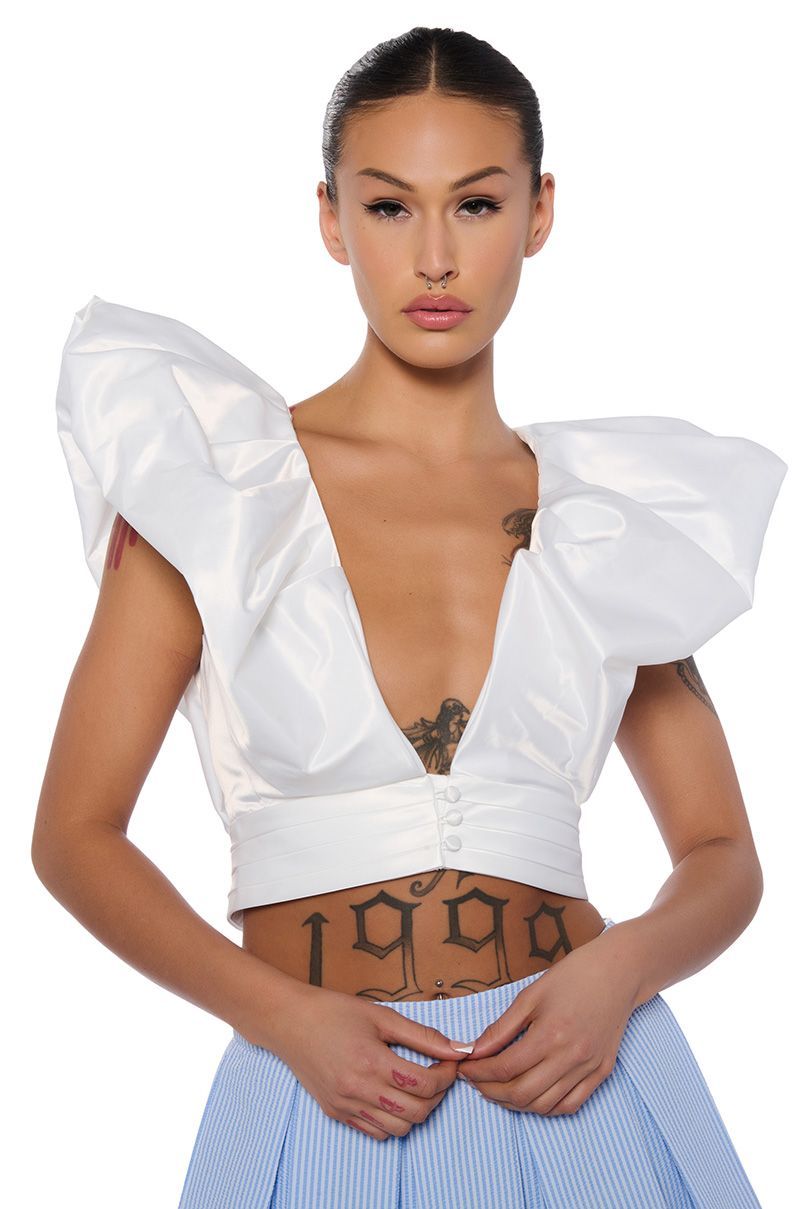 PUFF SHOULDER CROPPED BLOUSE IN WHITE | AKIRA