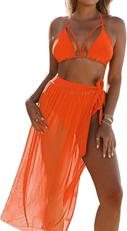 Kisscynest Women's Halter Neck Cut Out 3 Pieces Swimwear with Mesh Maxi Skirt | Amazon (US)