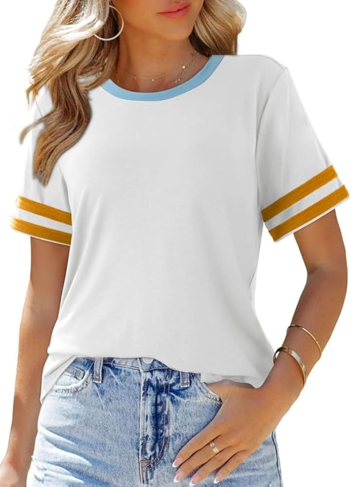 SHEWIN Women's Fashion Casual Crewneck Color Block T Shirts Short Sleeve Summer Tops Tees Slim Fi... | Amazon (US)