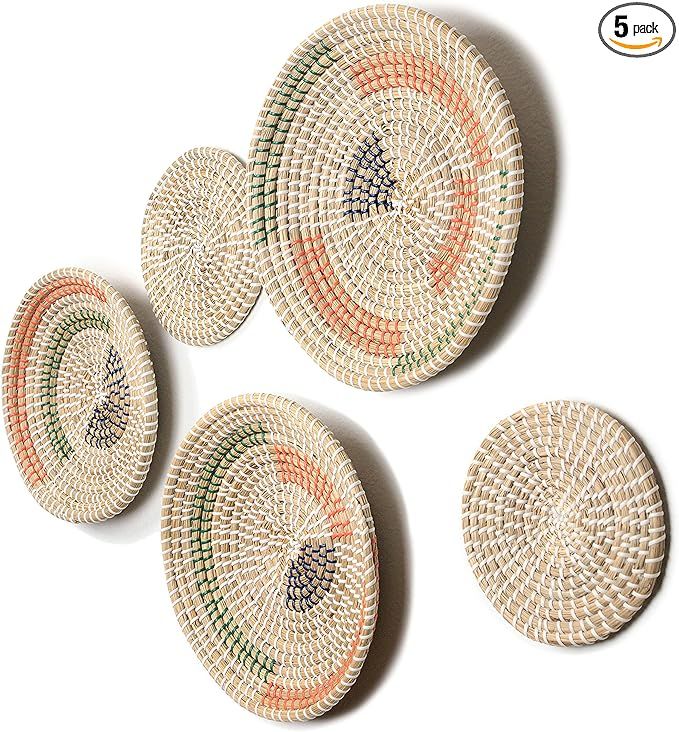 b.spoke Hanging Wall Basket Decor – Set of Five Handmade Decorative Boho Woven Wall Baskets - R... | Amazon (US)