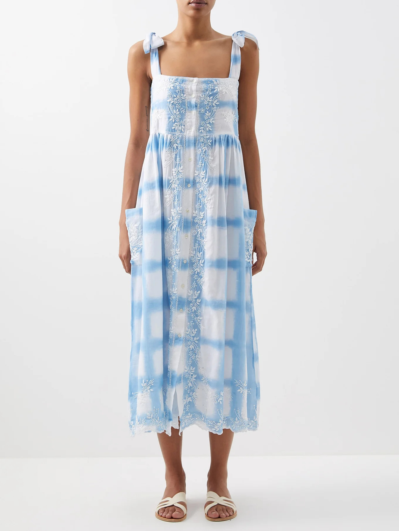 Square-neck dye-check cotton midi dress | Matches (US)