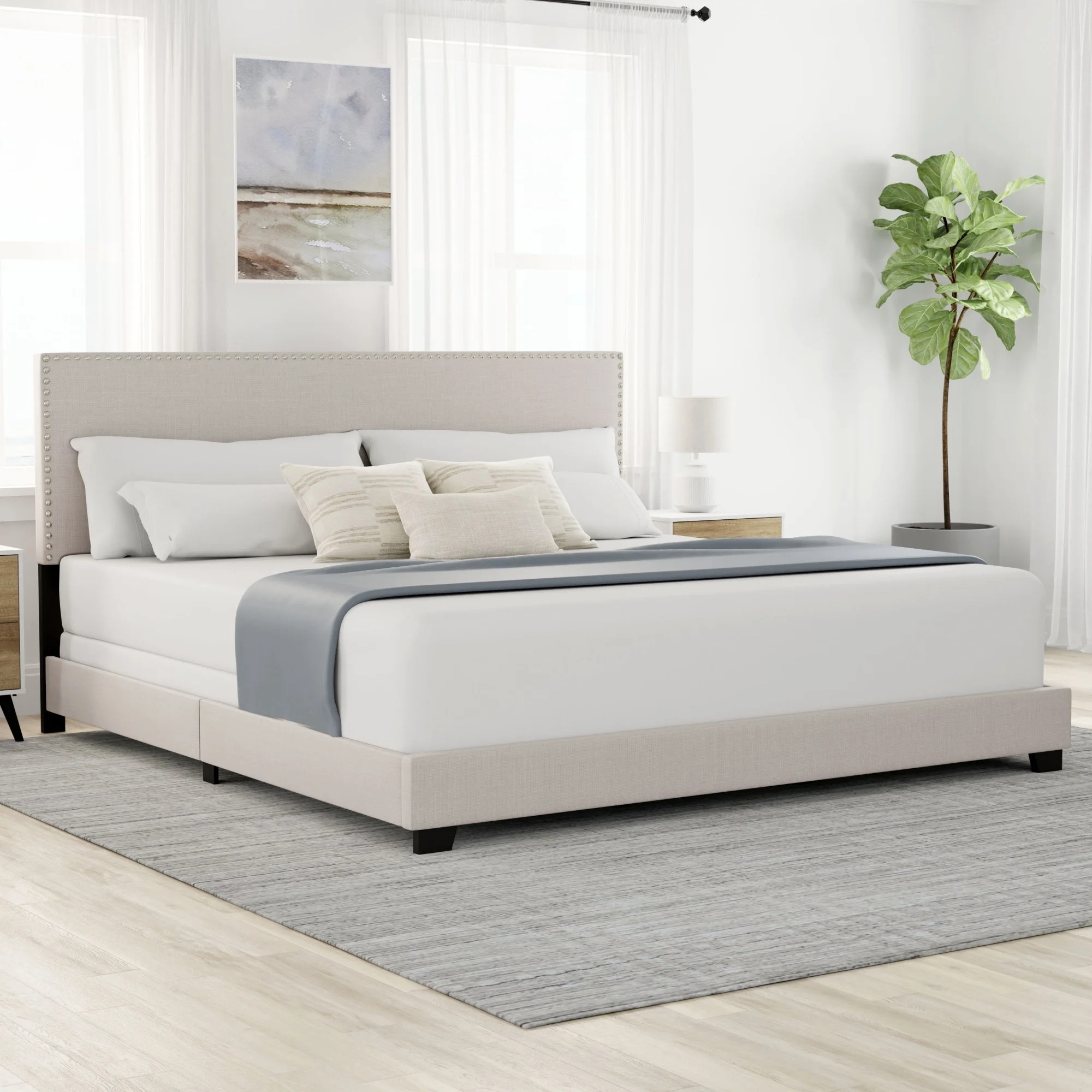 Willow Nailhead Trim Upholstered King Bed, Fog Fabric | Walmart (US)