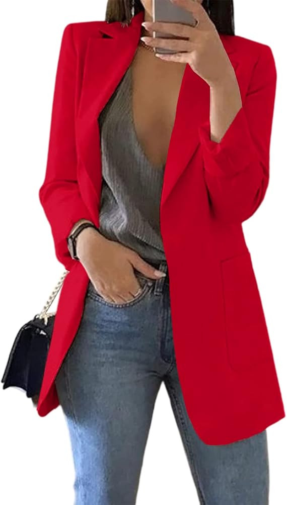 Cnkwei Womens Casual Blazers Open Front Long Sleeve Lapel Collar Work Office Jacket | Amazon (US)